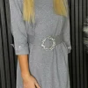 PARIS FASHION SHOPS Knitwear | Day Dresses^Eden Grey 3/4 Sleeve Knit Dress With Diamante Belt Detail
