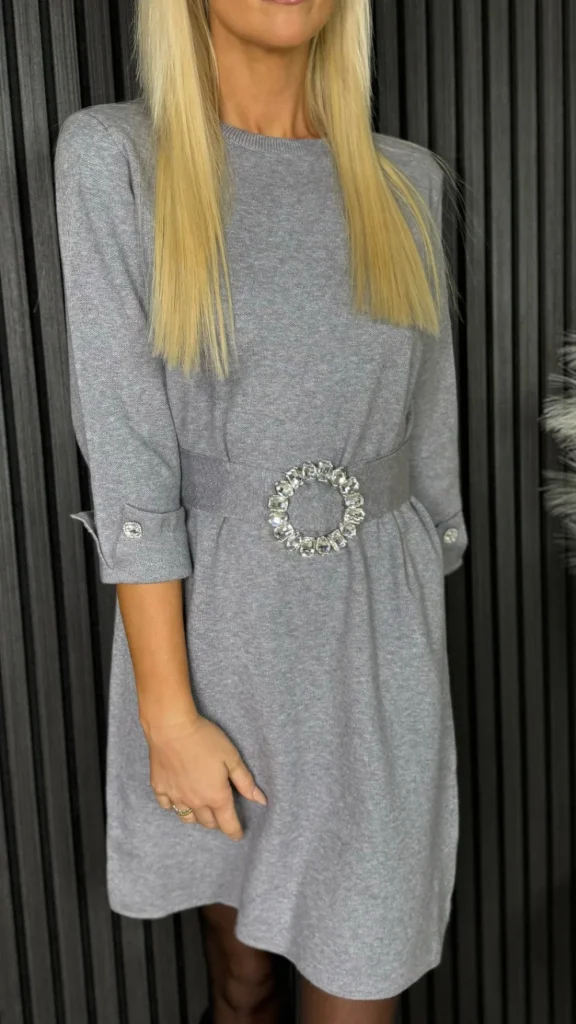 PARIS FASHION SHOPS Knitwear | Day Dresses^Eden Grey 3/4 Sleeve Knit Dress With Diamante Belt Detail