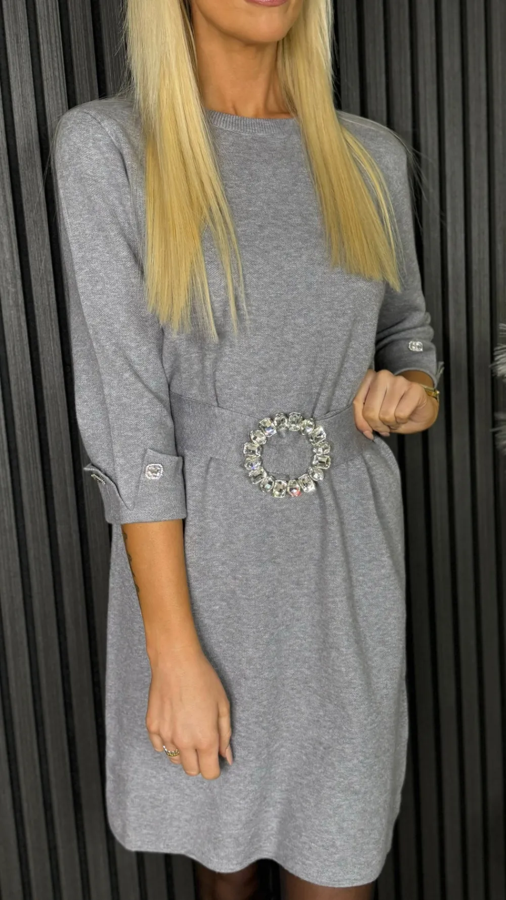 eden_grey__sleeve_knit_dr_3.webp PARIS FASHION SHOPS Knitwear | Day Dresses^Eden Grey 3/4 Sleeve Knit Dress With Diamante Belt Detail