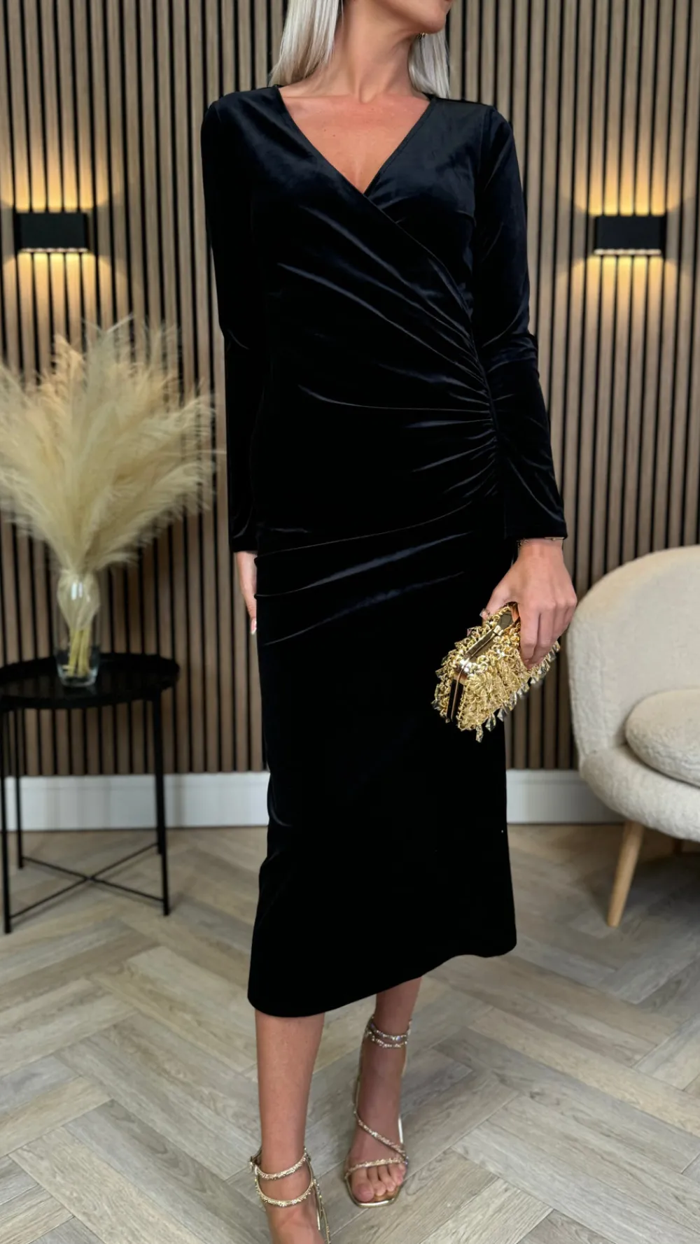 edina_black_wrap_effect_m_4.webp ATTENTIF Fitted Dresses | Going Out Dresses^Edina Black Wrap Effect Midi Dress