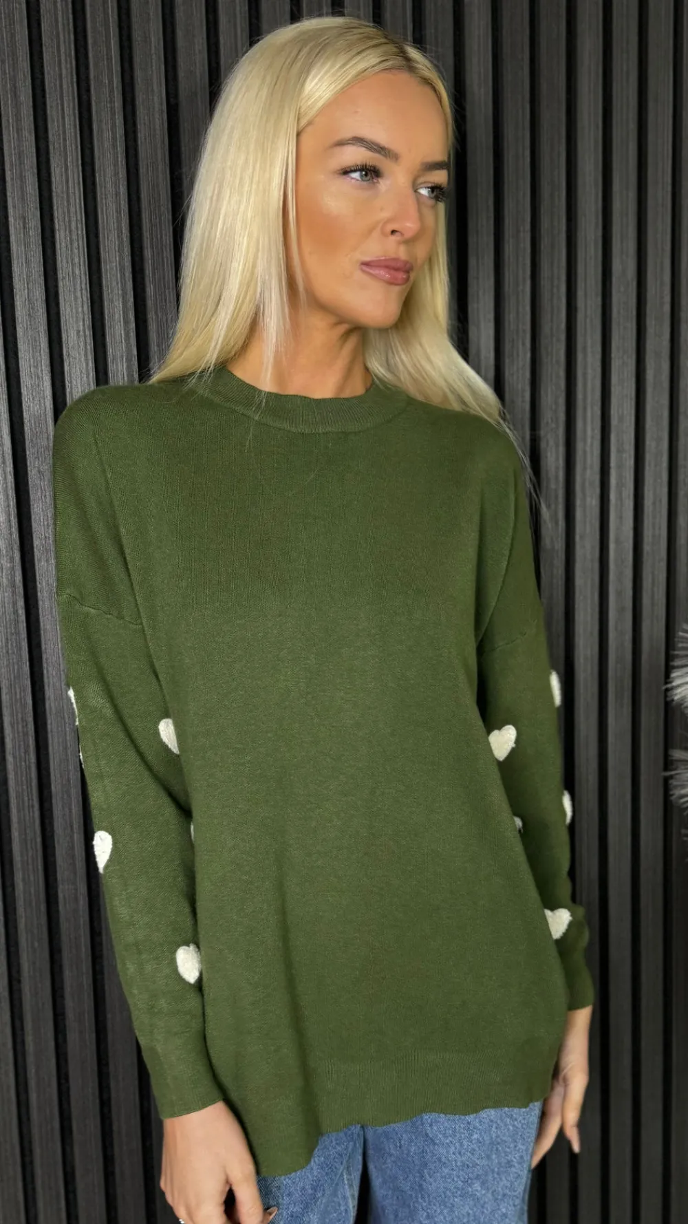 eilish_green_heart_sleeve_1.webp MOOCCI Knitwear^Eilish Green Heart Sleeve Detail Jumper