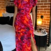 AX PARIS Going Out Dresses | Occasion Dresses^Eimear Orange & Purple Abstract Print Flutter Sleeve Midi Dress
