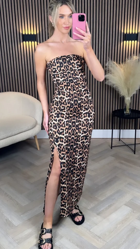 COPPEROSE Going Out Dresses | Midi Dresses^Elana Beige & Black Leopard Print Bandeau Midi Dress