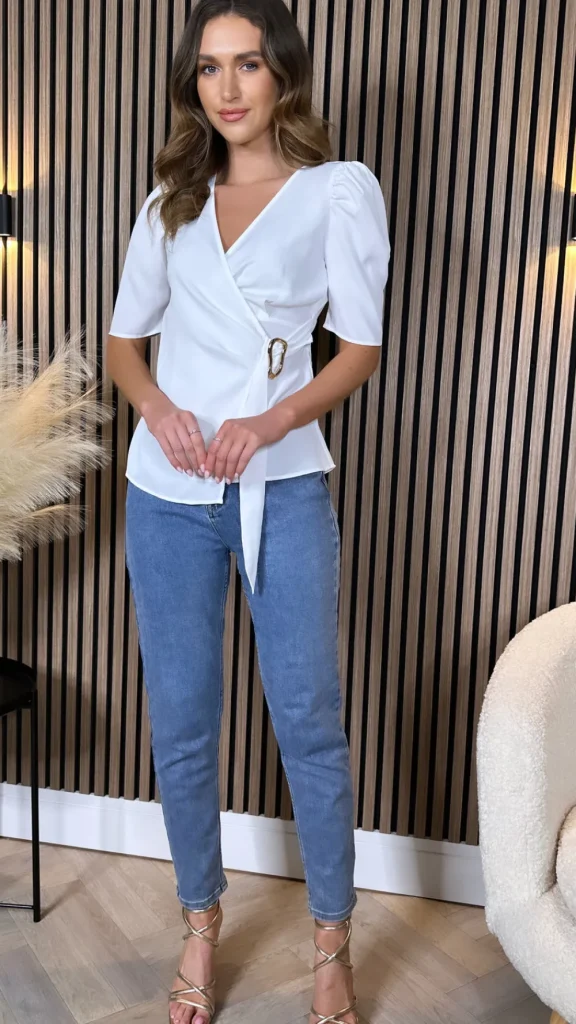 KICHIC Tops^Eliora White Wrap Effect Belted Detail Top