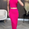 COPPEROSE Co-ords^Ellie Rae Fuchsia Knit Detailed Crop Top & Midi Skirt Co Ord