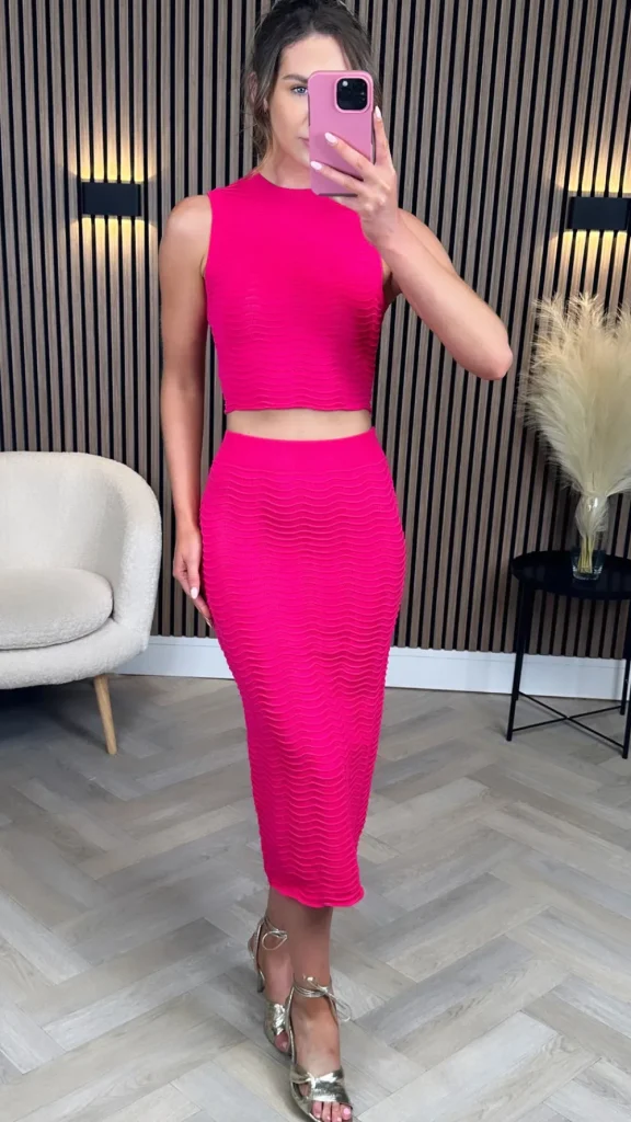 COPPEROSE Co-ords^Ellie Rae Fuchsia Knit Detailed Crop Top & Midi Skirt Co Ord