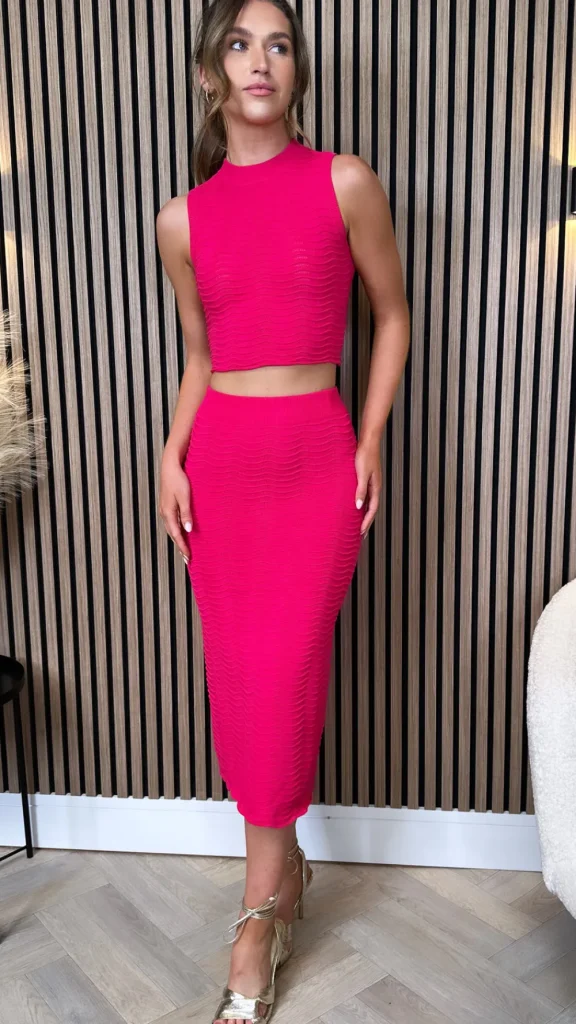 COPPEROSE Co-ords^Ellie Rae Fuchsia Knit Detailed Crop Top & Midi Skirt Co Ord