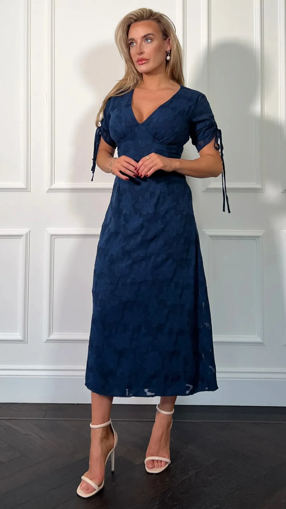 emiliana_burnout_blue_tie_1.webp GIRL IN MIND Fitted Dresses | Going Out Dresses^Emiliana Burnout Blue Tie Sleeve Midi Dress