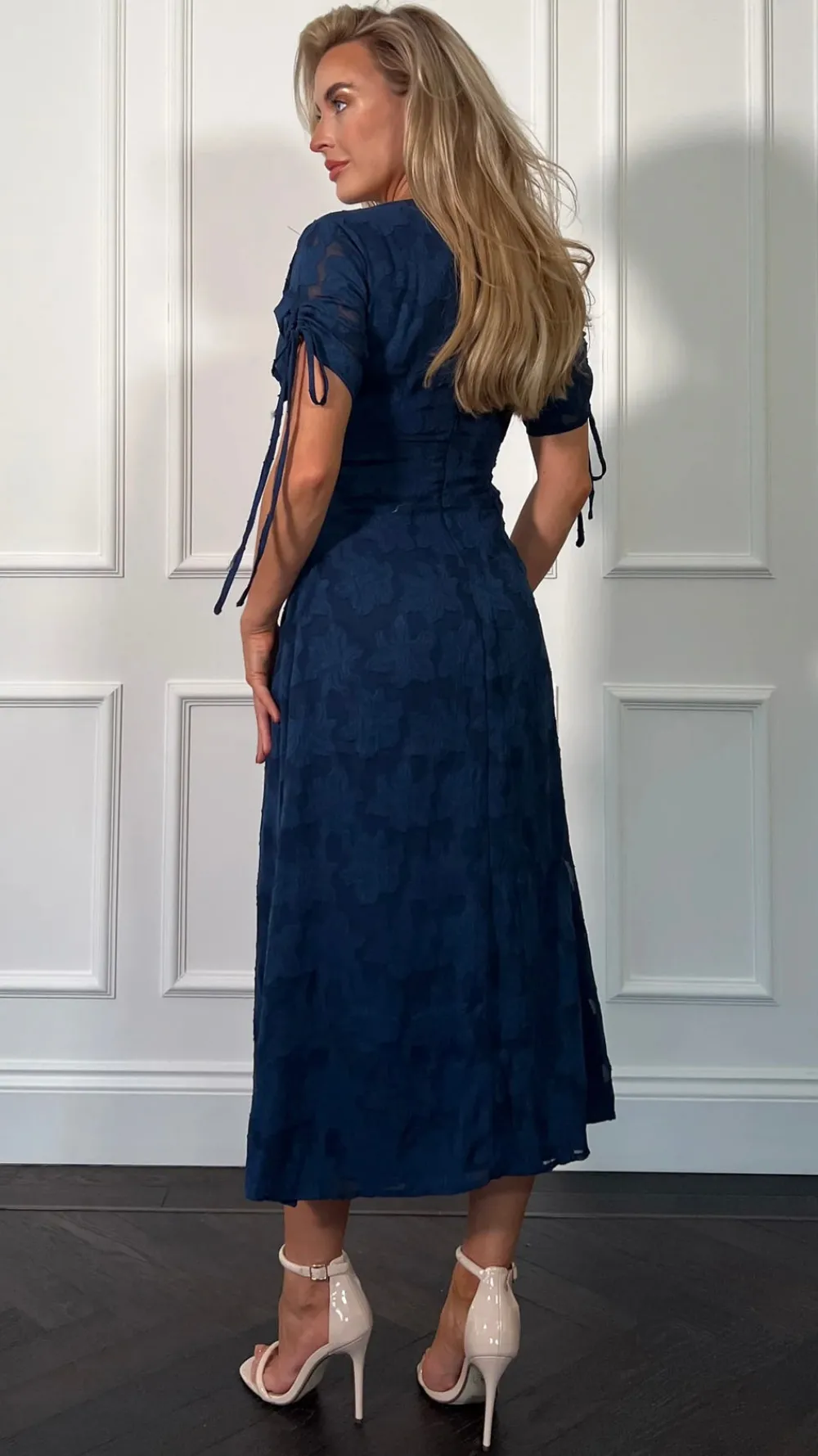 emiliana_burnout_blue_tie_3.webp GIRL IN MIND Fitted Dresses | Going Out Dresses^Emiliana Burnout Blue Tie Sleeve Midi Dress