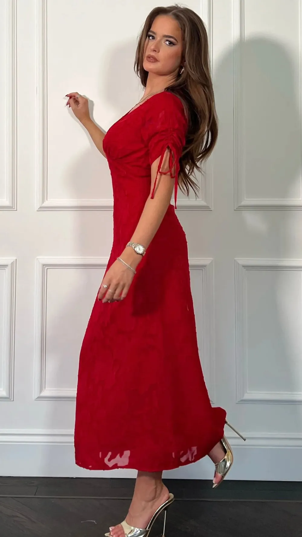 emiliana_burnout_red_tie__0.webp GIRL IN MIND Fitted Dresses | Going Out Dresses^Emiliana Burnout Red Tie Sleeve Midi Dress