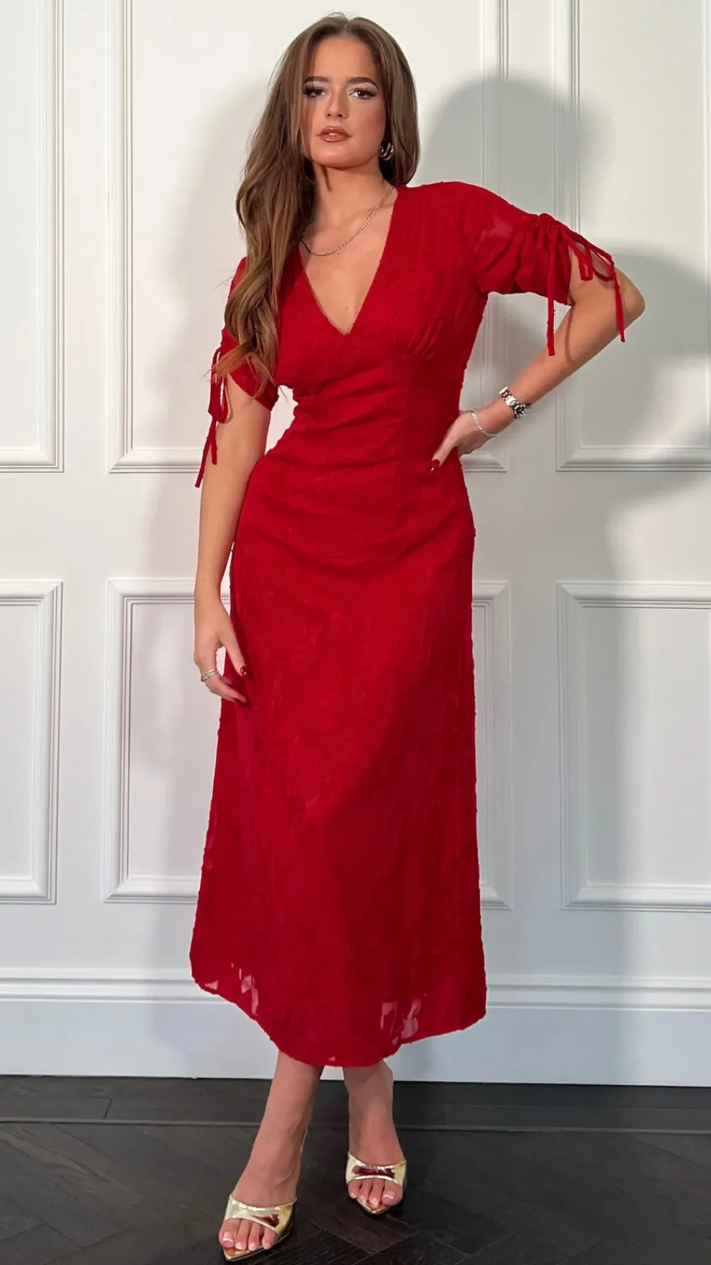 emiliana_burnout_red_tie__2.webp GIRL IN MIND Fitted Dresses | Going Out Dresses^Emiliana Burnout Red Tie Sleeve Midi Dress