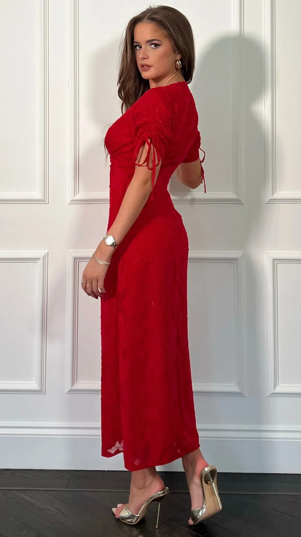 emiliana_burnout_red_tie__3.webp GIRL IN MIND Fitted Dresses | Going Out Dresses^Emiliana Burnout Red Tie Sleeve Midi Dress