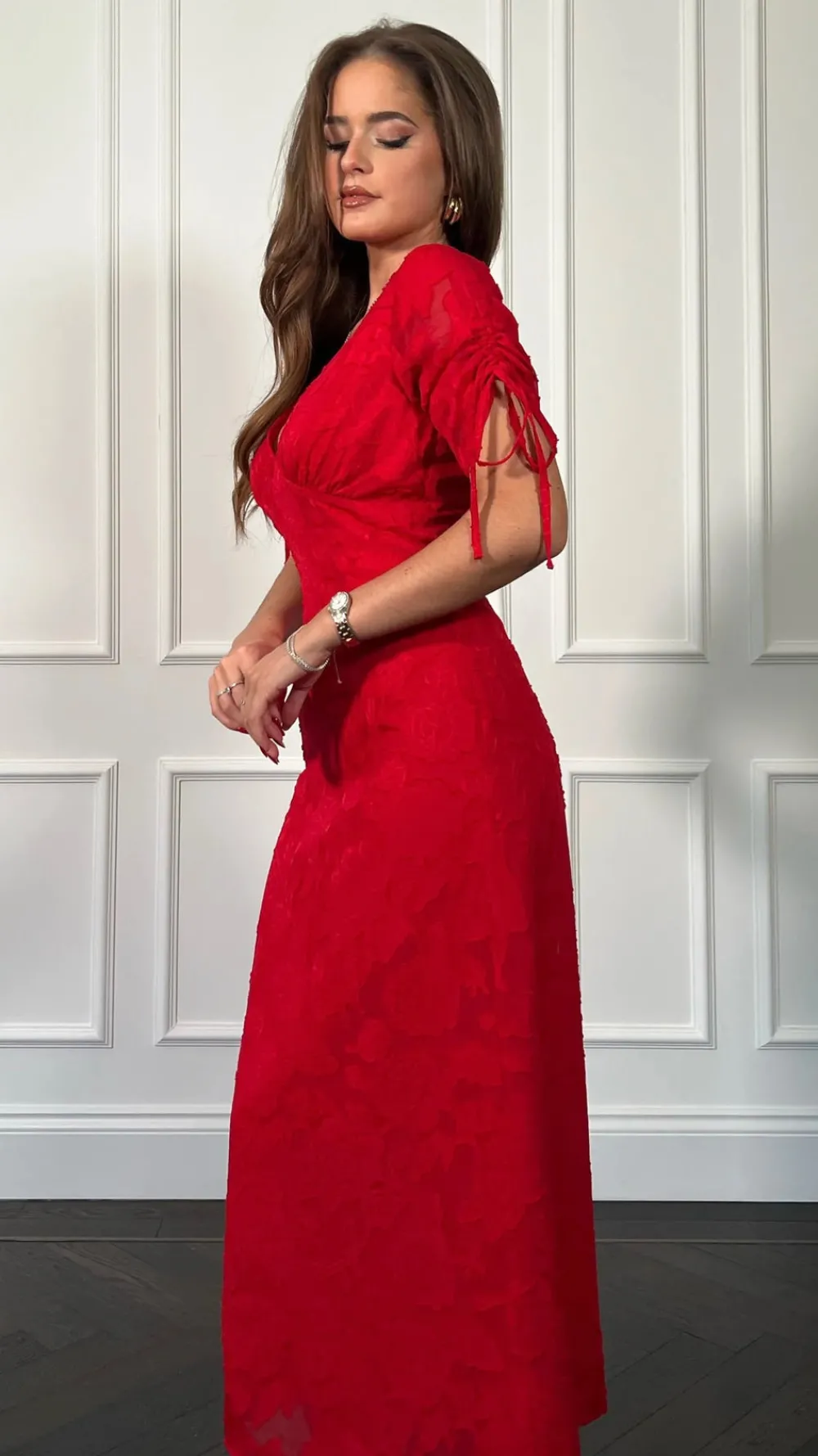 emiliana_burnout_red_tie__4.webp GIRL IN MIND Fitted Dresses | Going Out Dresses^Emiliana Burnout Red Tie Sleeve Midi Dress