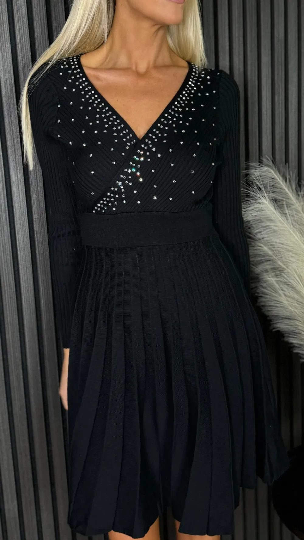 emily_black_embellished_d_0.webp LUCCE Knitwear | Going Out Dresses^Emily Black Embellished Detail Knit Pleated Mini Dress