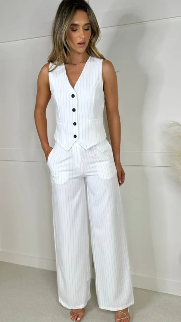 COPPEROSE Trousers | Co-ords^Enya White Pinstripe Waistcoat & Trousers Co Ord