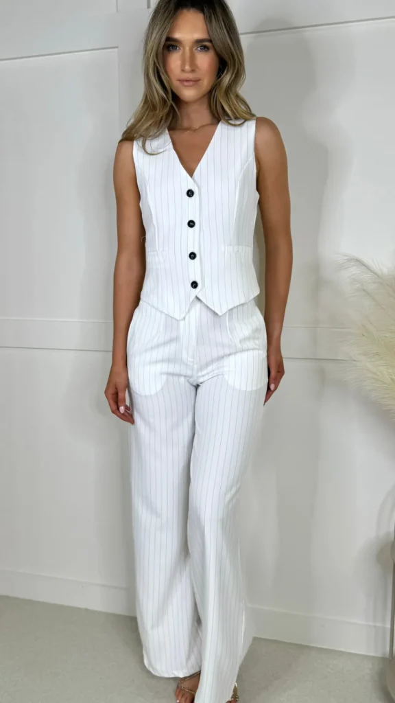 COPPEROSE Trousers | Co-ords^Enya White Pinstripe Waistcoat & Trousers Co Ord