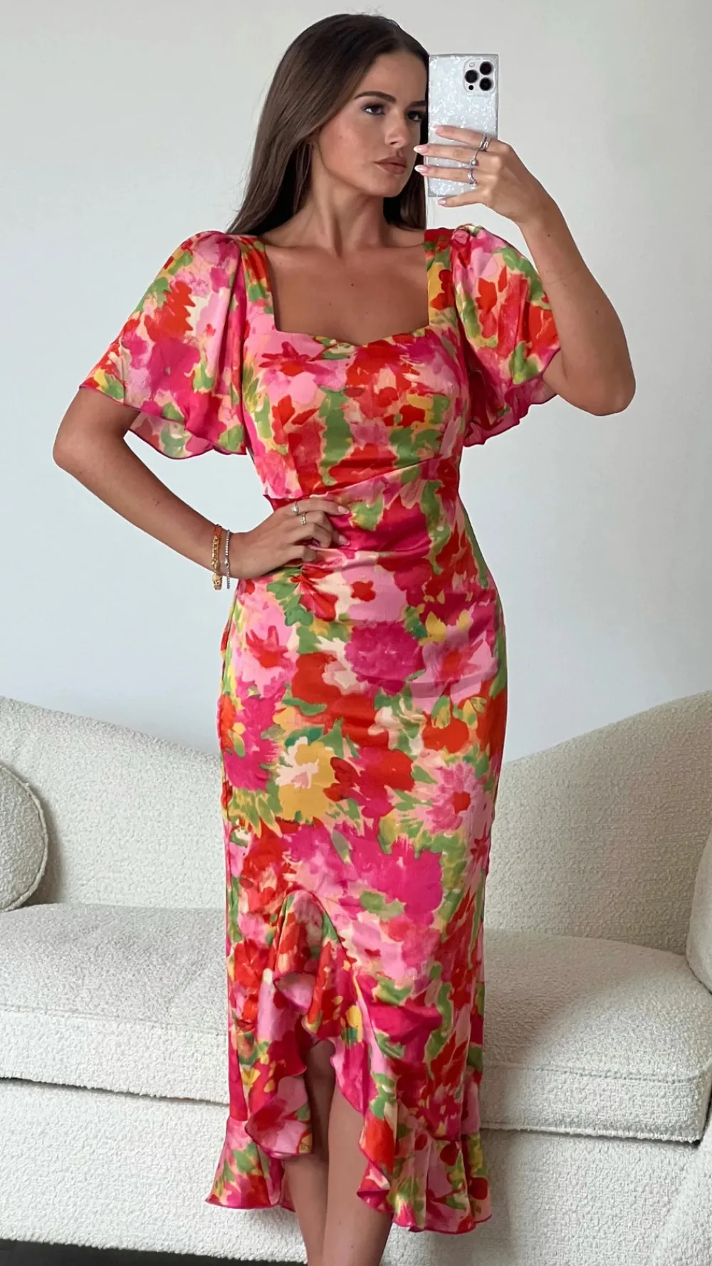 erica_orange_floral_burno_0.webp GIRL IN MIND Going Out Dresses | Occasion Dresses^Erica Orange Floral Burnout Ruched Midi Dress