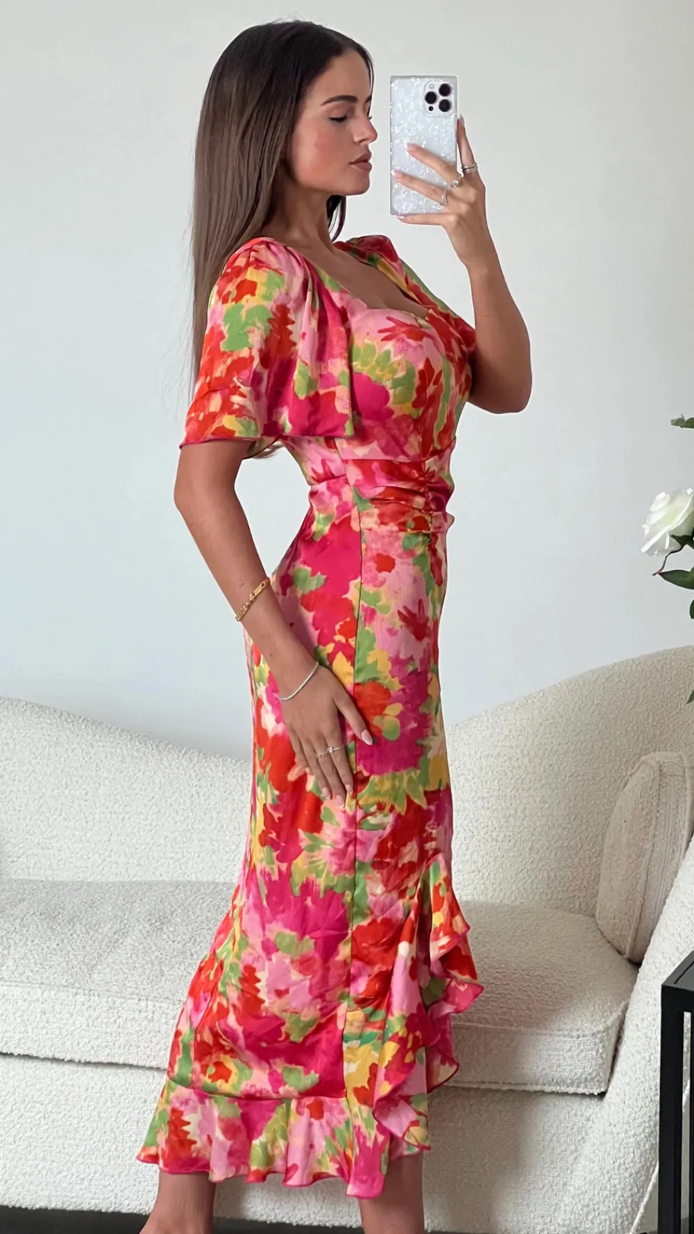 erica_orange_floral_burno_2.webp GIRL IN MIND Going Out Dresses | Occasion Dresses^Erica Orange Floral Burnout Ruched Midi Dress