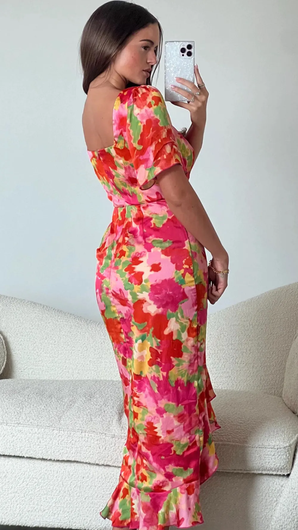 erica_orange_floral_burno_3.webp GIRL IN MIND Going Out Dresses | Occasion Dresses^Erica Orange Floral Burnout Ruched Midi Dress