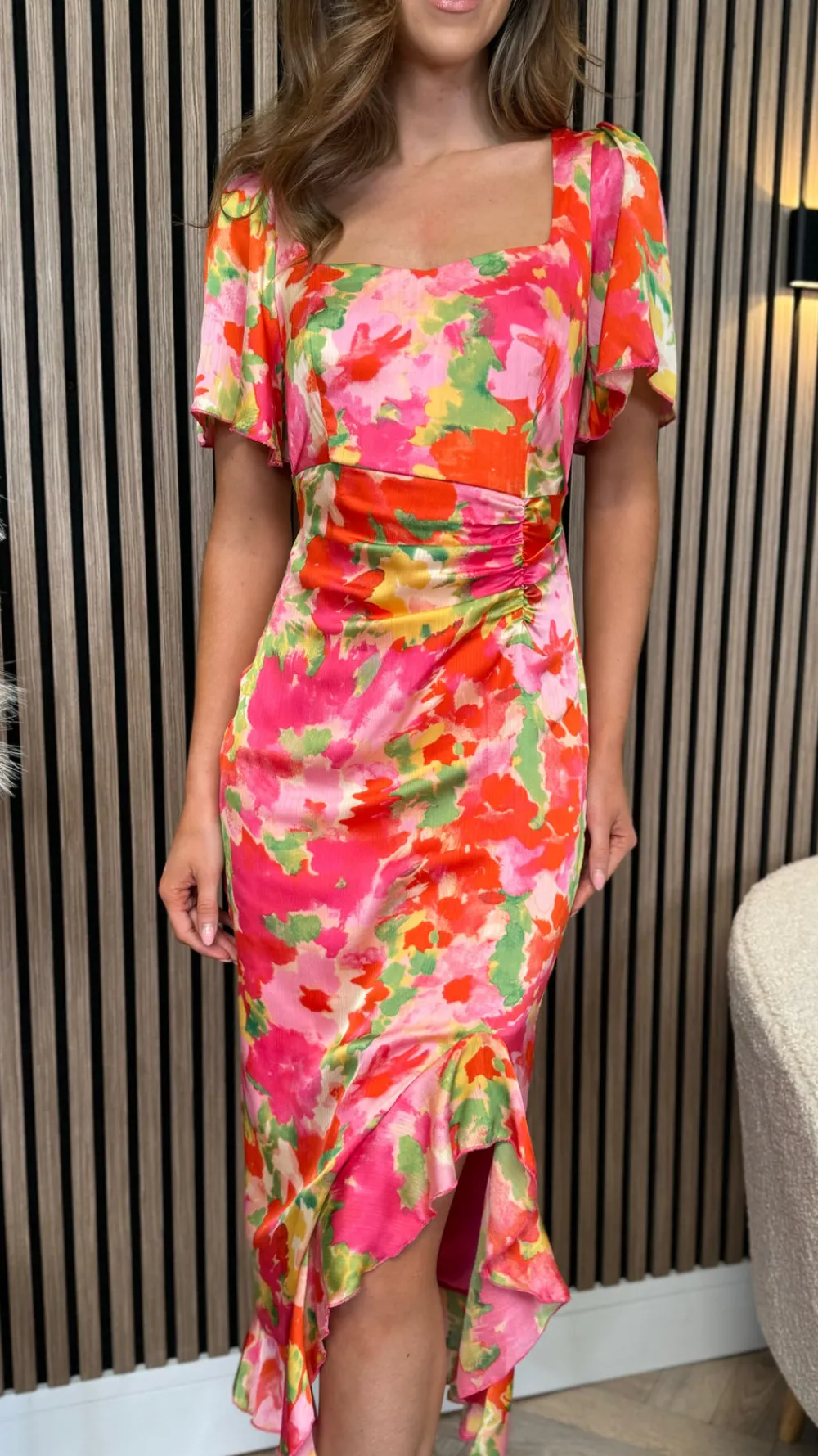 erica_orange_floral_burno_6.webp GIRL IN MIND Going Out Dresses | Occasion Dresses^Erica Orange Floral Burnout Ruched Midi Dress