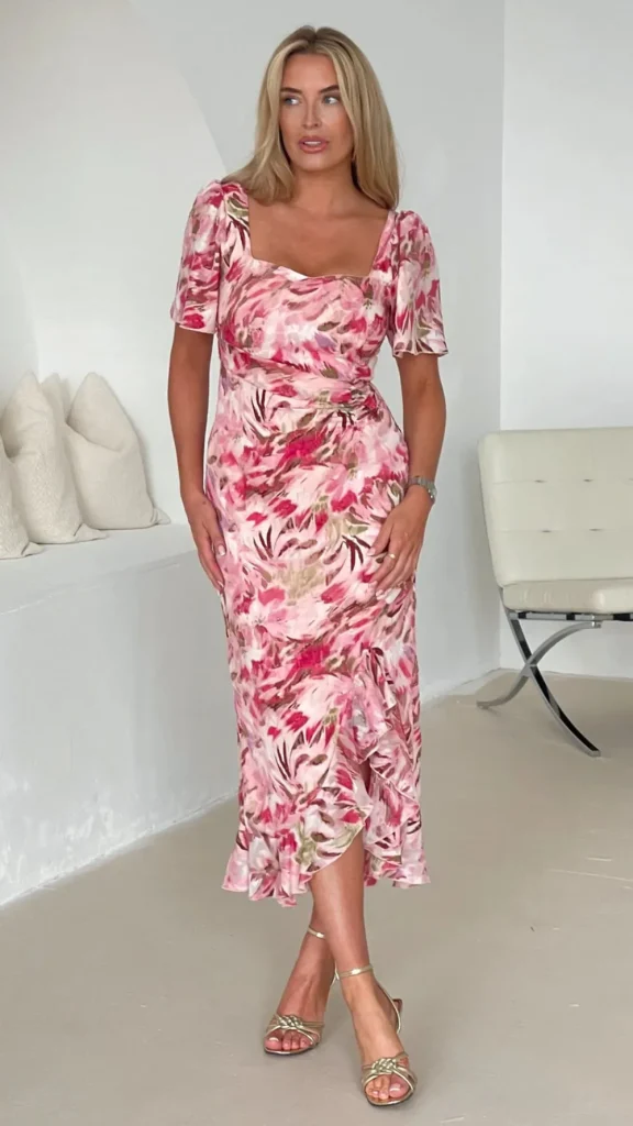 GIRL IN MIND Going Out Dresses | Occasion Dresses^Erica Pink Multi Floral Burnout Ruched Midi Dress