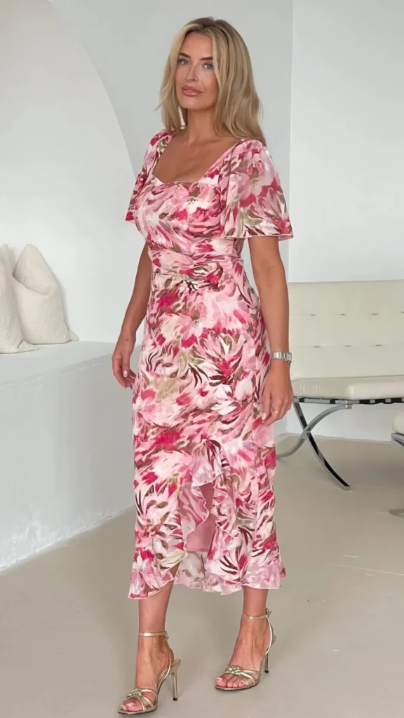 GIRL IN MIND Going Out Dresses | Occasion Dresses^Erica Pink Multi Floral Burnout Ruched Midi Dress
