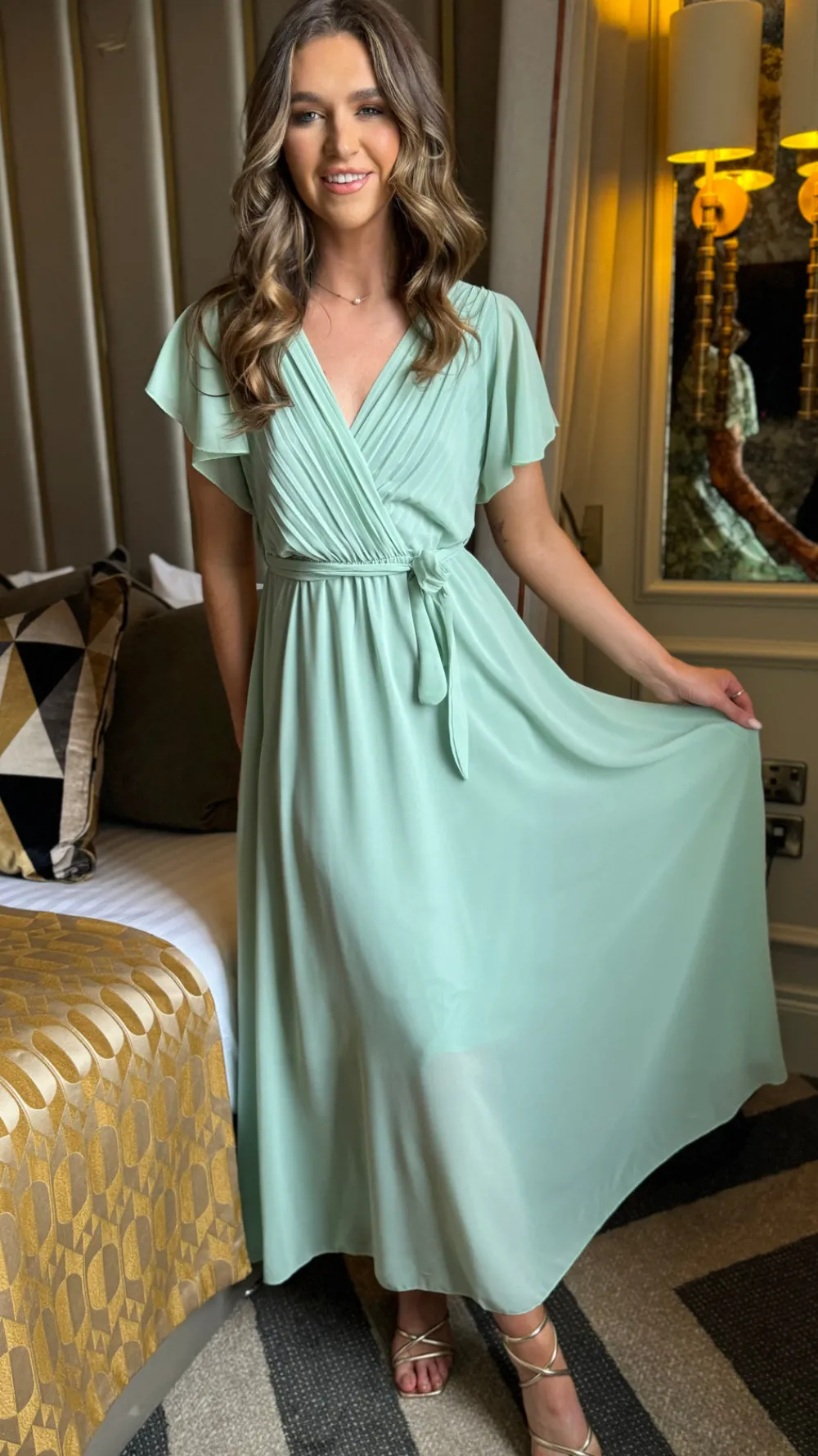 esme_green_wrap_style_ple_1.webp PARIS FASHION SHOPS Going Out Dresses | Occasion Dresses^Esme Green Wrap Style Pleated Midi Dress