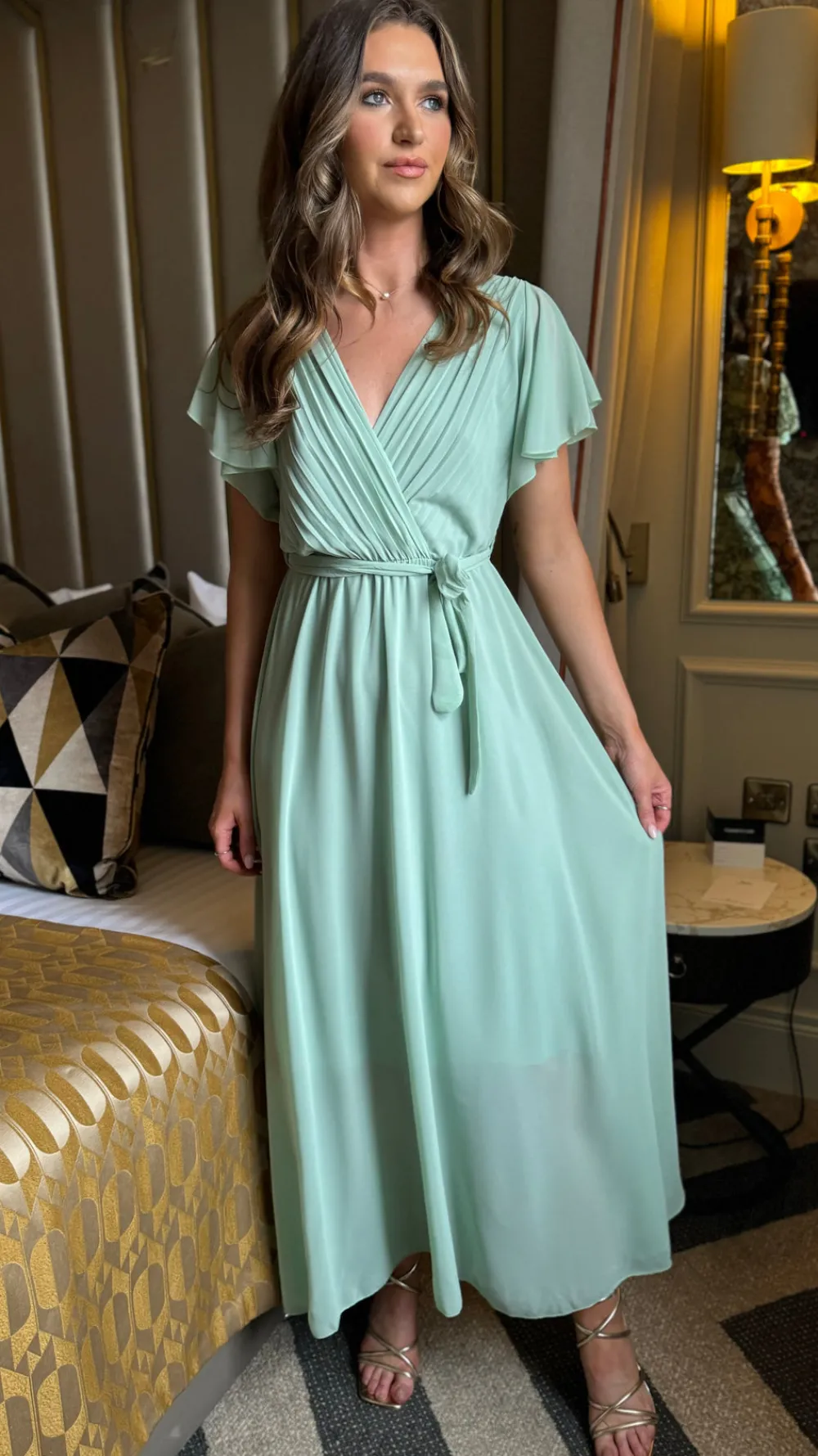 esme_green_wrap_style_ple_2.webp PARIS FASHION SHOPS Going Out Dresses | Occasion Dresses^Esme Green Wrap Style Pleated Midi Dress