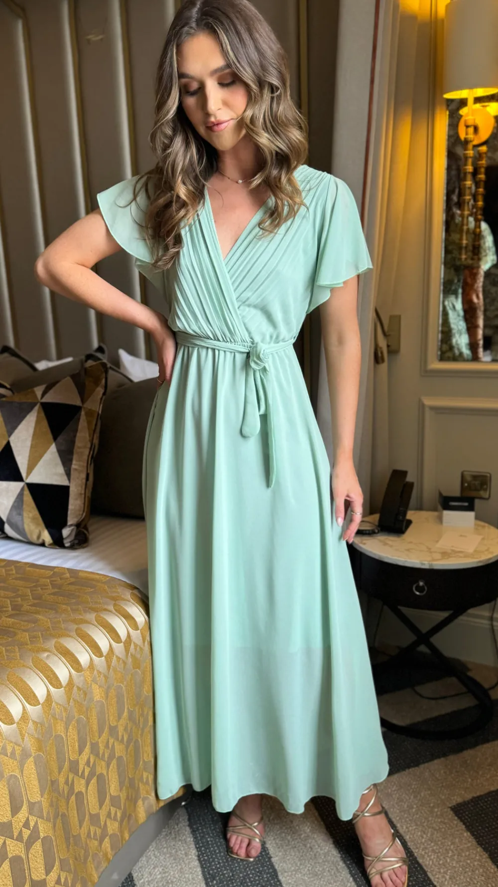 esme_green_wrap_style_ple_3.webp PARIS FASHION SHOPS Going Out Dresses | Occasion Dresses^Esme Green Wrap Style Pleated Midi Dress