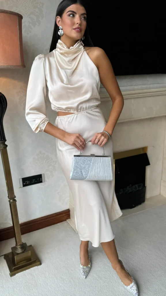 LORIANE Fitted Dresses | Going Out Dresses^Estella Beige High Neck One Sleeve Midi Dress