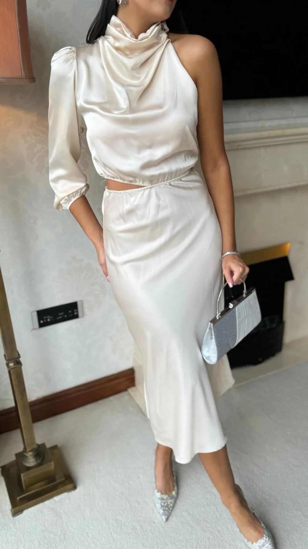 estella_beige_high_neck_o_5.webp LORIANE Fitted Dresses | Going Out Dresses^Estella Beige High Neck One Sleeve Midi Dress