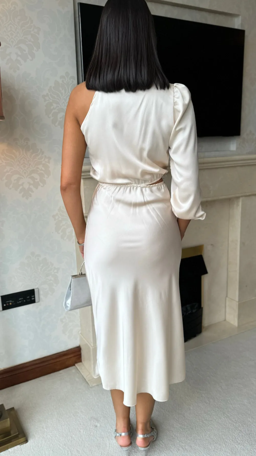 estella_beige_high_neck_o_6.webp LORIANE Fitted Dresses | Going Out Dresses^Estella Beige High Neck One Sleeve Midi Dress