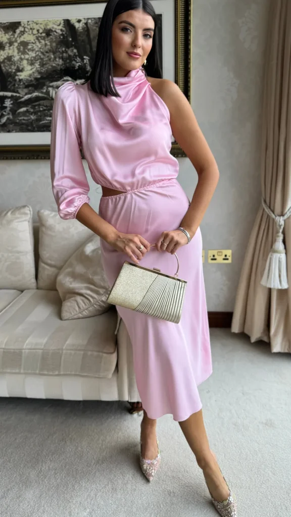 LORIANE Fitted Dresses | Going Out Dresses^Estella Rose Pink High Neck One Sleeve Midi Dress