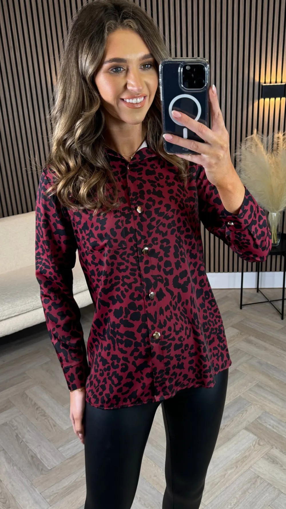 evalina_burgundy_amp_blac_3.webp ESTEE BROWN Tops^Evalina Burgundy & Black Leopard Print Shirt