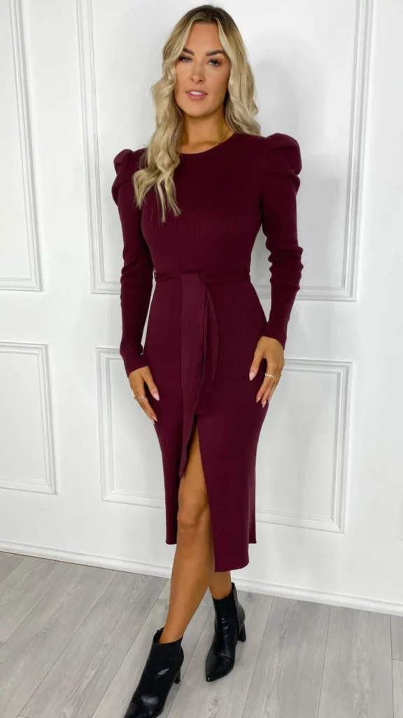 IONEL Knitwear | Fitted Dresses^Evie Burgundy Belted Knit Dress