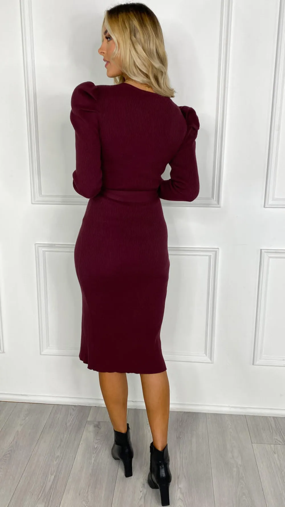 evie_burgundy_belted_knit_2.webp IONEL Knitwear | Fitted Dresses^Evie Burgundy Belted Knit Dress