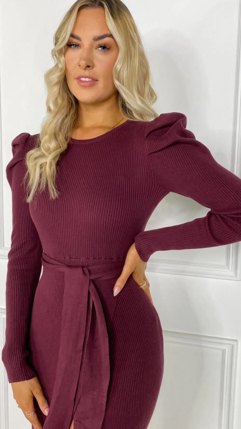 evie_burgundy_belted_knit_3.webp IONEL Knitwear | Fitted Dresses^Evie Burgundy Belted Knit Dress