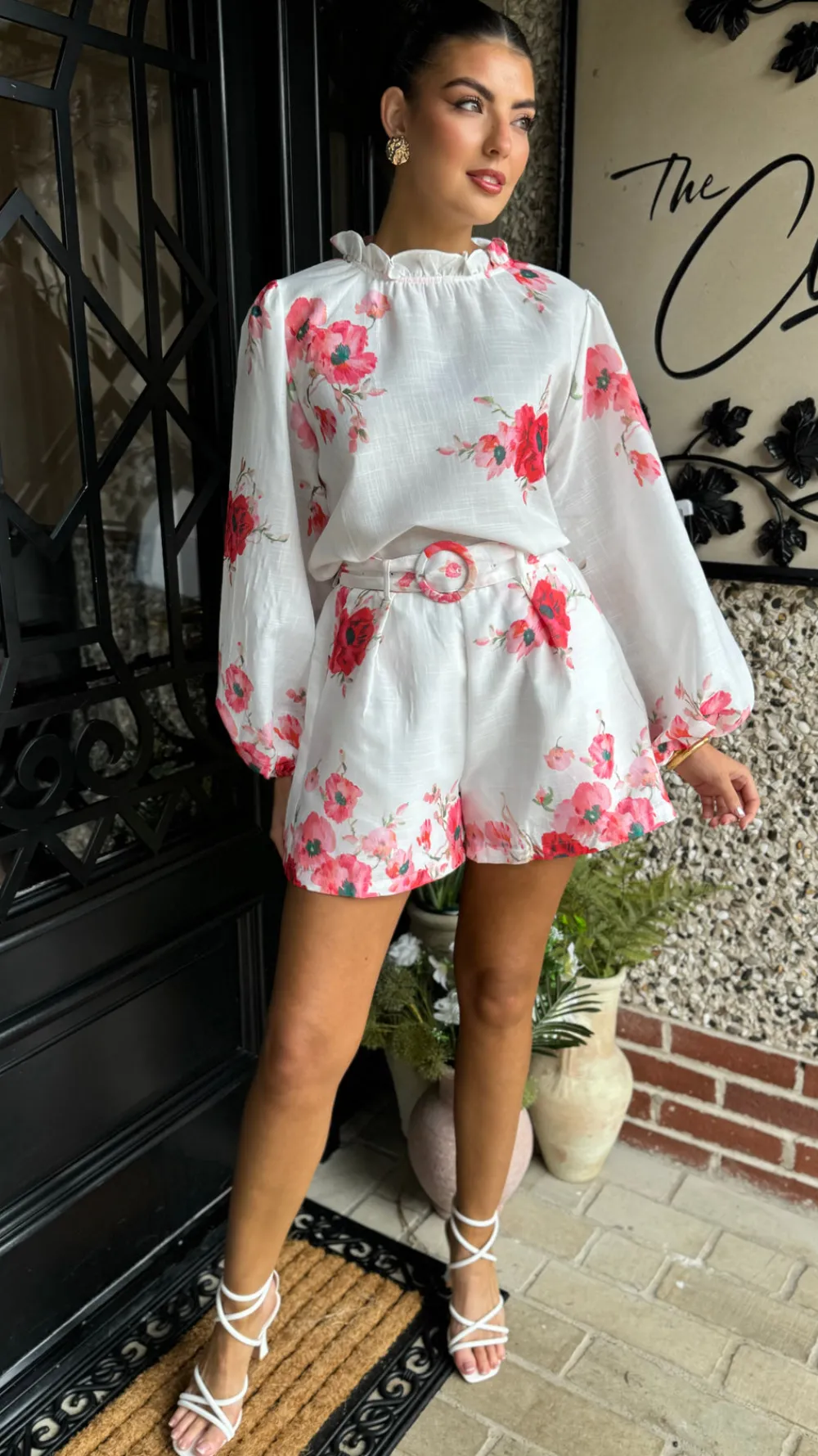evie_red_amp_pink_floral__1.webp TIMELY Co-ords | Skirts & Shorts^Evie Red & Pink Floral Printed High Neck Top & Shorts Co Ord