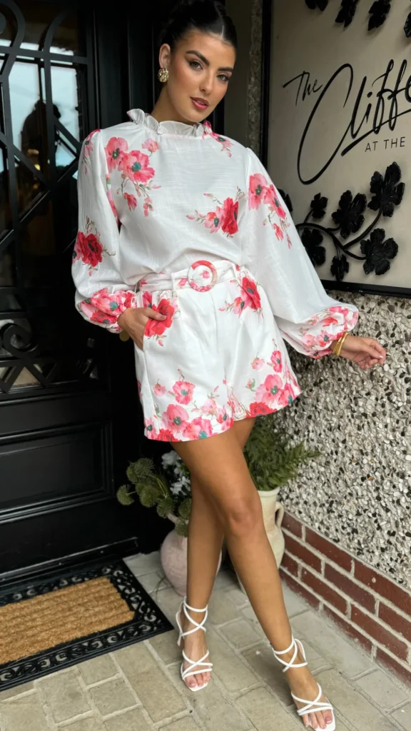 TIMELY Co-ords | Skirts & Shorts^Evie Red & Pink Floral Printed High Neck Top & Shorts Co Ord