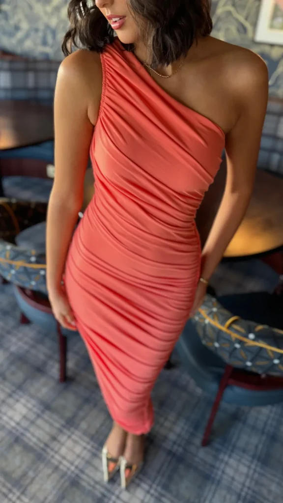 AX PARIS Fitted Dresses | Going Out Dresses^Fabiana Peach One Shoulder Asymmetric Hem Ruched Midi Dress