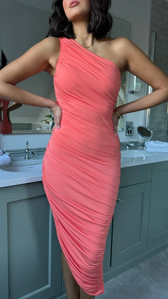 AX PARIS Fitted Dresses | Going Out Dresses^Fabiana Peach One Shoulder Asymmetric Hem Ruched Midi Dress