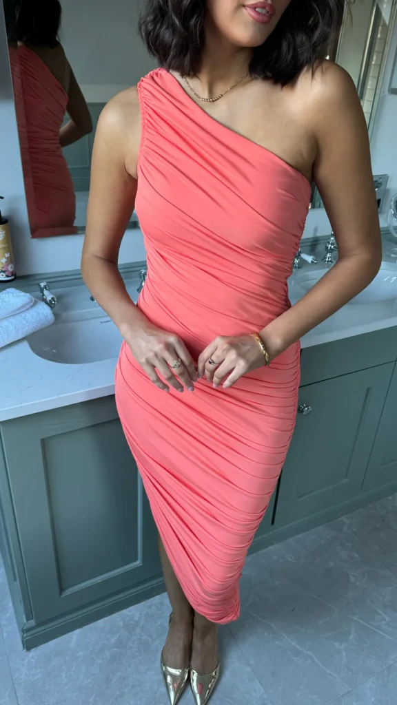 AX PARIS Fitted Dresses | Going Out Dresses^Fabiana Peach One Shoulder Asymmetric Hem Ruched Midi Dress