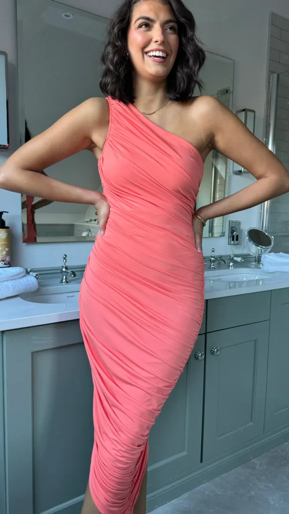 AX PARIS Fitted Dresses | Going Out Dresses^Fabiana Peach One Shoulder Asymmetric Hem Ruched Midi Dress