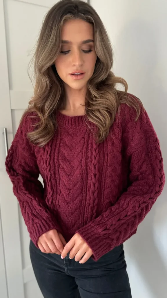 COPPEROSE Knitwear^Falconer Burgundy Chunky Knit Jumper