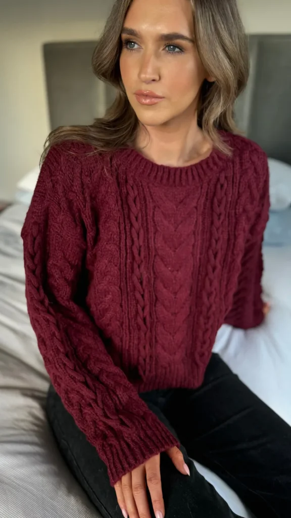 COPPEROSE Knitwear^Falconer Burgundy Chunky Knit Jumper
