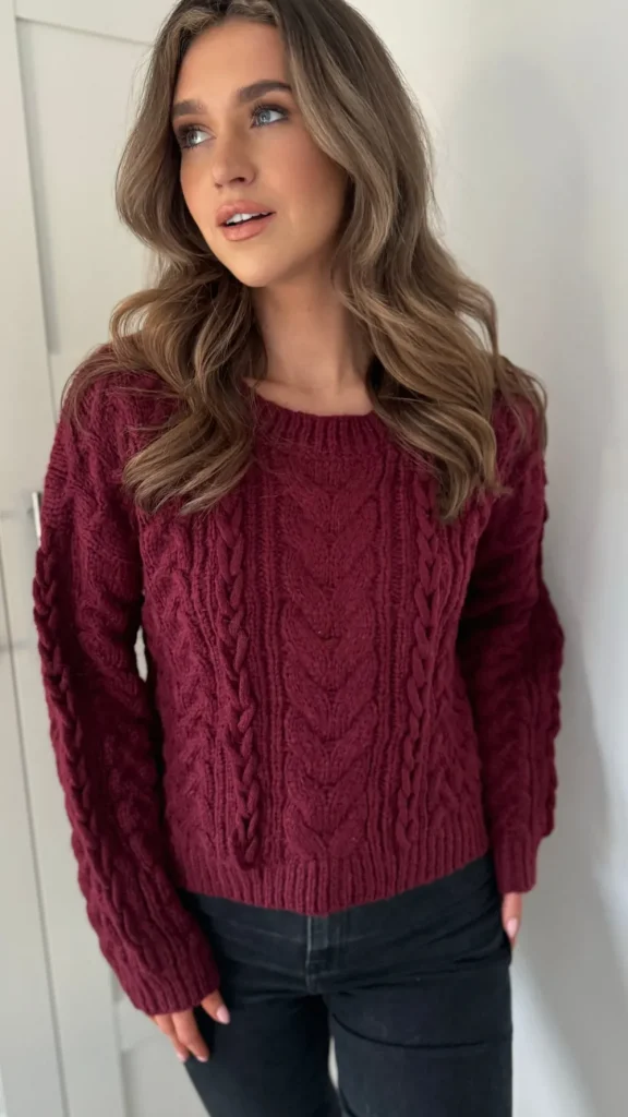 COPPEROSE Knitwear^Falconer Burgundy Chunky Knit Jumper