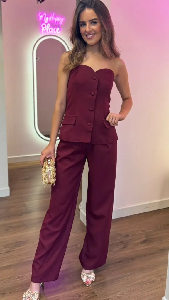 ELENZA Trousers | Co-ords^Farrah Burgundy Bustier Top & Trousers Co-Ord