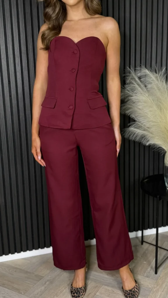 ELENZA Trousers | Co-ords^Farrah Burgundy Bustier Top & Trousers Co-Ord