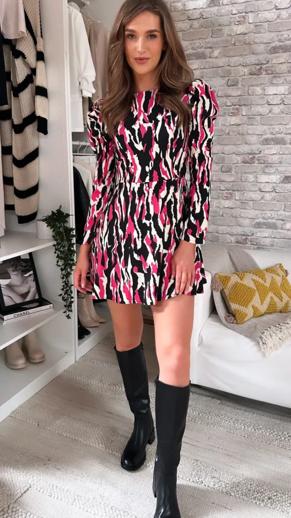 GIRL IN MIND Going Out Dresses | Mini Dresses^Fenna Pink & Black Puff Sleeve Skater Mini Dress