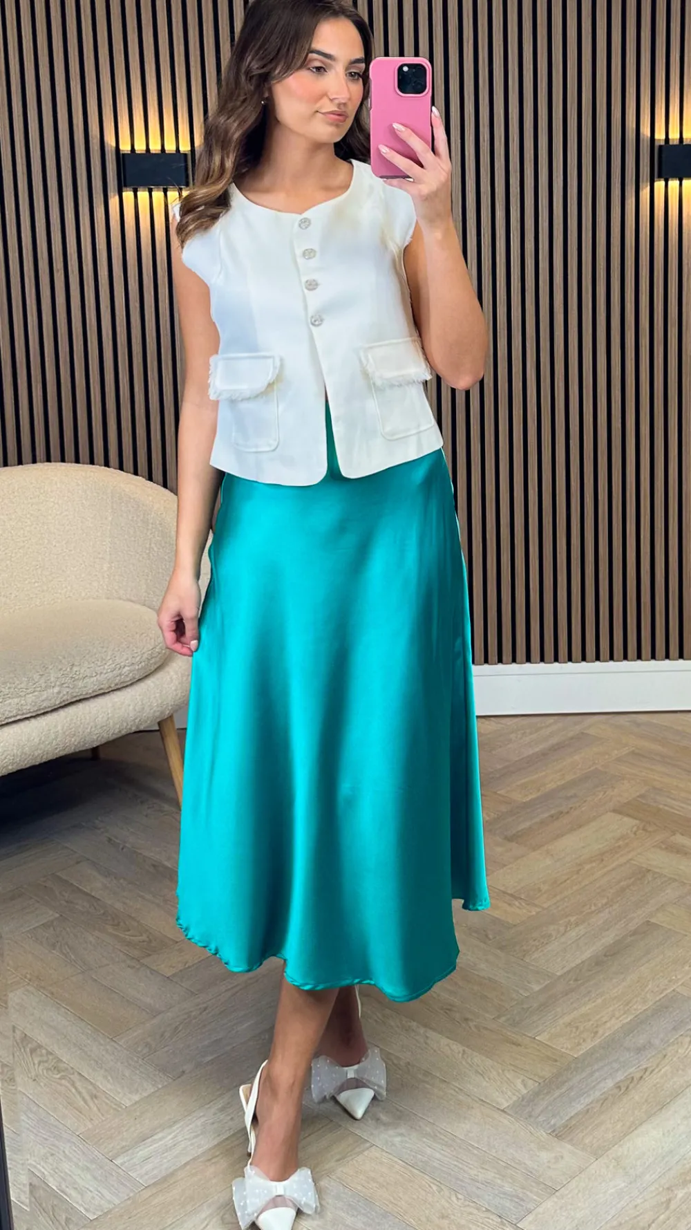 fiadh_green_satin_finish__0.webp ROSA FASHION Skirts & Shorts^Fiadh Green Satin Finish Midi Skirt